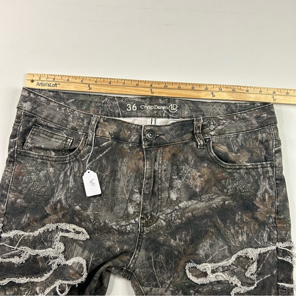 Crysp Denim Jeans Mens 36 X 33 Green Leaf Army Camouflage Thrash Distressed NEW - Picture 2 of 7